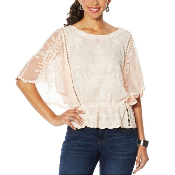 Democracy Women's Mineral Wash Crochet Butterfly Sleeve Top - Picture 1 of 5